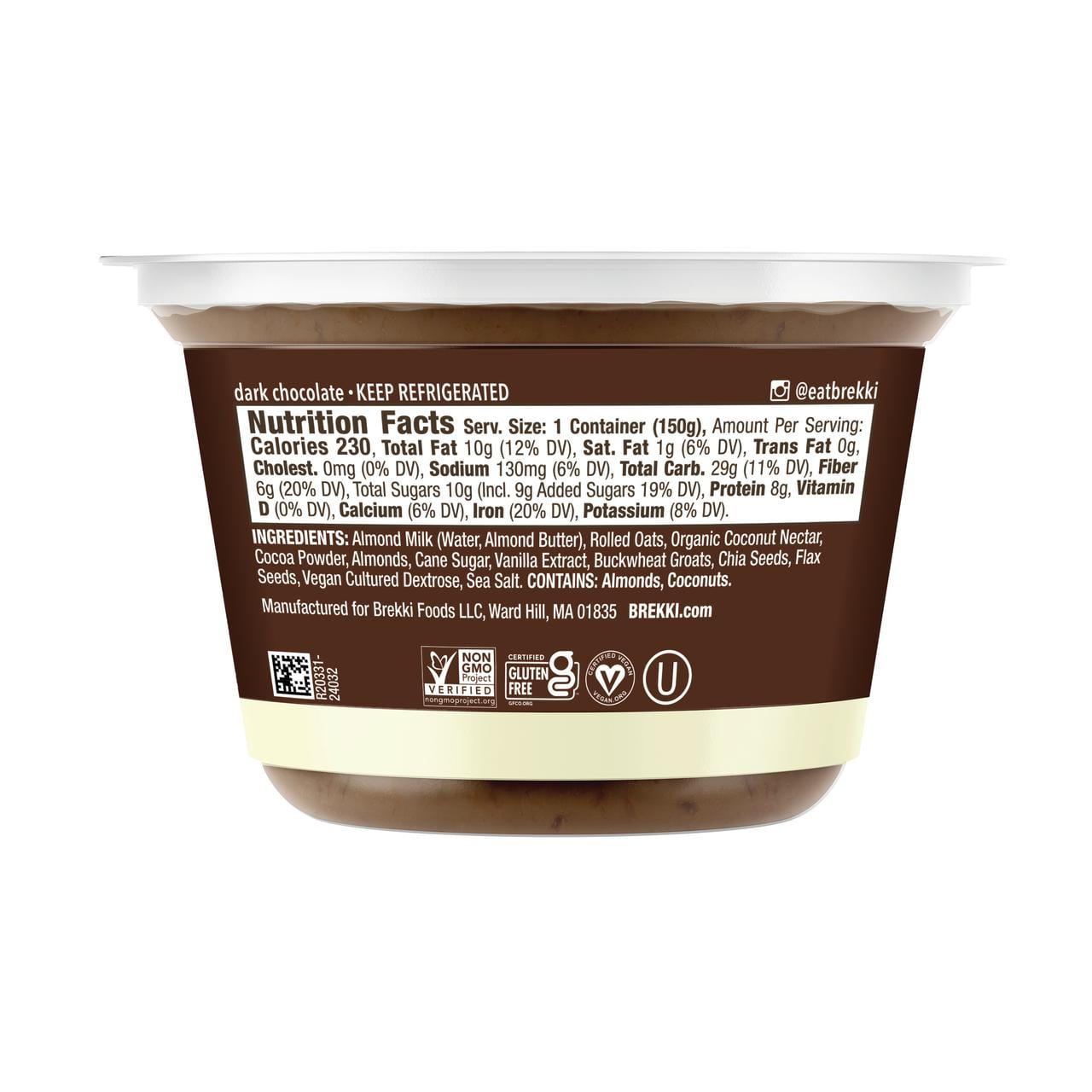 Brekki Gluten-Free Dark Chocolate Ready-to-Eat Overnight Oats, Refrigerated Cup 5.3 oz