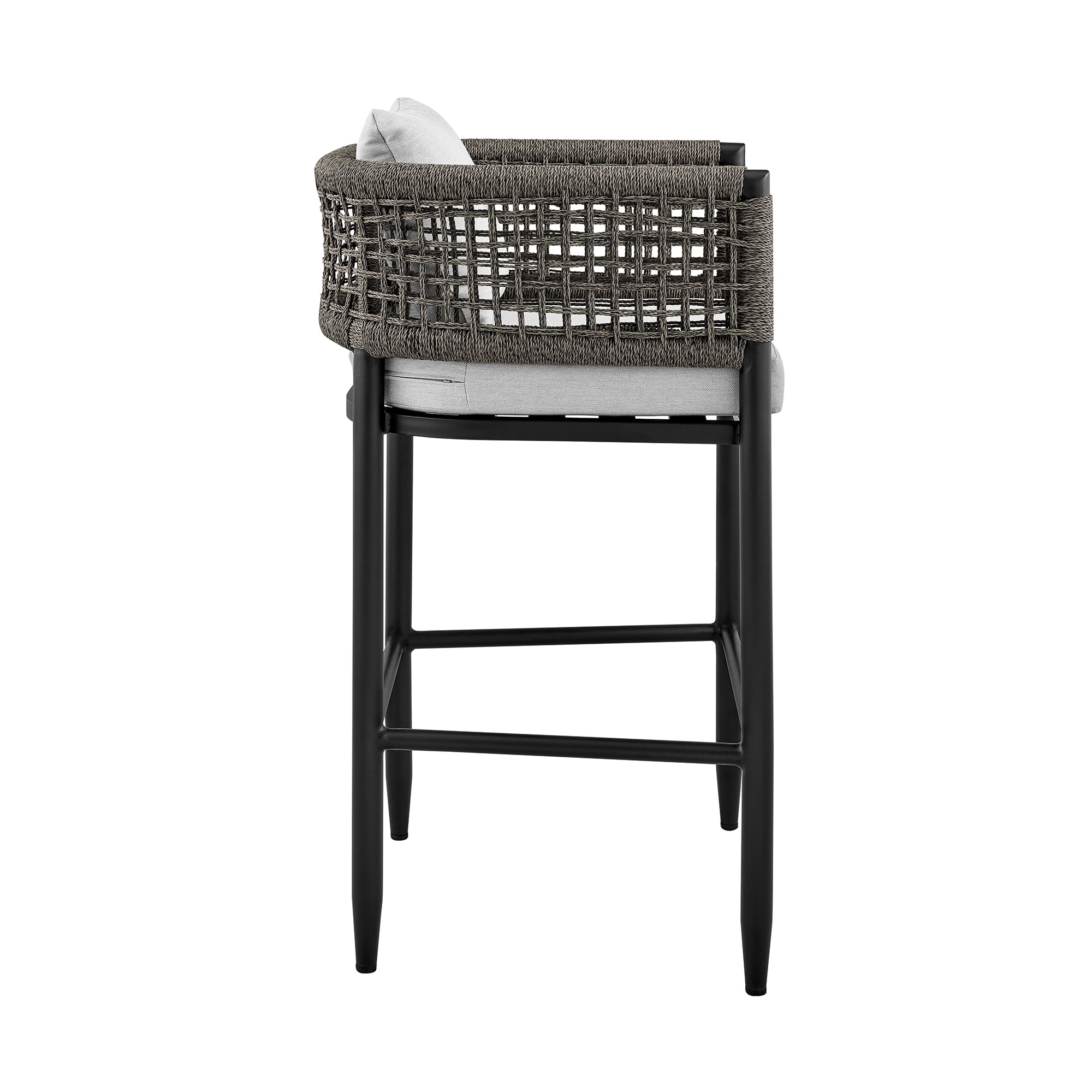 Alegria Outdoor Patio Counter Height Bar Stool in Aluminum with Gray Rope and Cushions - Set of 4