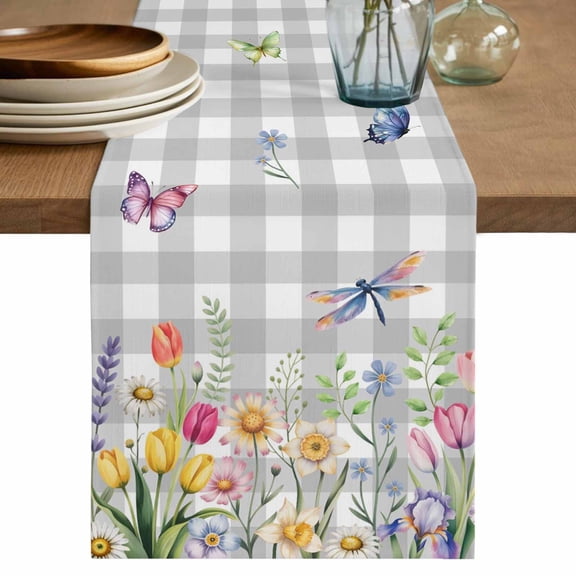 Table Runner 60 Inches Long for Kitchen Dining, Wildflowers Dresser Scarf Farmhouse, Dining Table Decorations for Wedding/Parties, Spring Watercolor Tulip Floral Leaf Grey Plaid 13 x 60 In