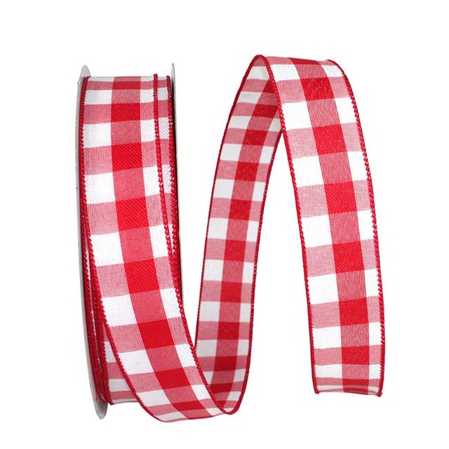 Reliant Ribbon 93228W-036-09K Celine Plaid Twill Wired Edge Ribbon - White & Red - 1.5 in. x 50 yards