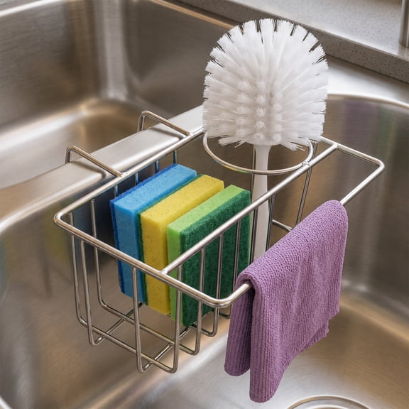 Riousery Kitchen Sink Caddy, Hanging Sponge Holder for Double Sink Divider, 6.7 x 4.0 x 2.9 in Stainless Steel Organizer with Brush Holder and Dishcloth Bar