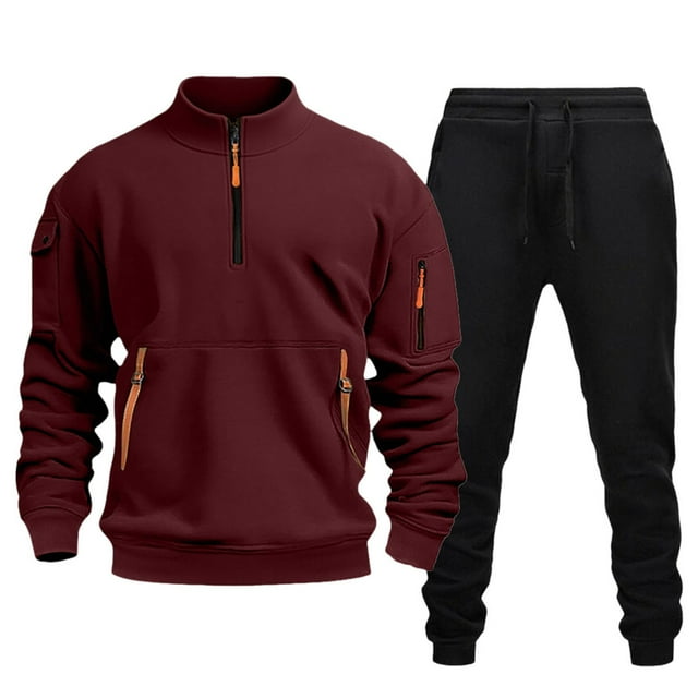 Ccpelsie Men's 2 Piece Track Suit Set Jogging Sweatsuit Workout Quarter Zip Suit Fit Fall Winter with Multi Pockets(Wine,S)