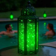 Moroccan Metal Candle Lantern Holder with LED Fairy String Lights, Medium, Green