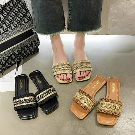 

LERGNA Braided square head flip-flops slippers female black