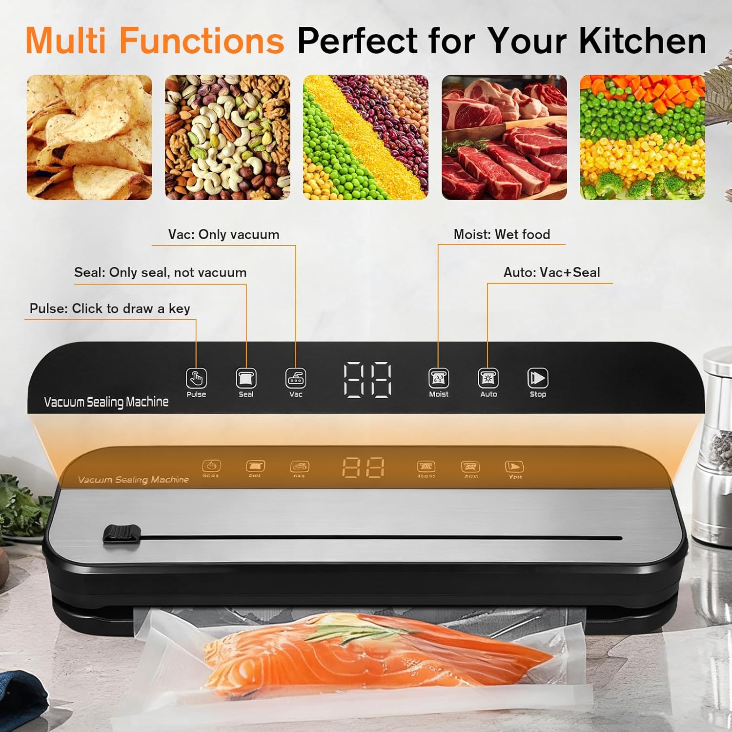 Vacuum Sealer Machine, Food Storage Vacuum Sealer 8-In-1 Food Vacuum Saver with 10 Vacuum Bags, Built-in Cutter, Pulse Function, Moist & Dry Mode and External VAC for Jars and Container