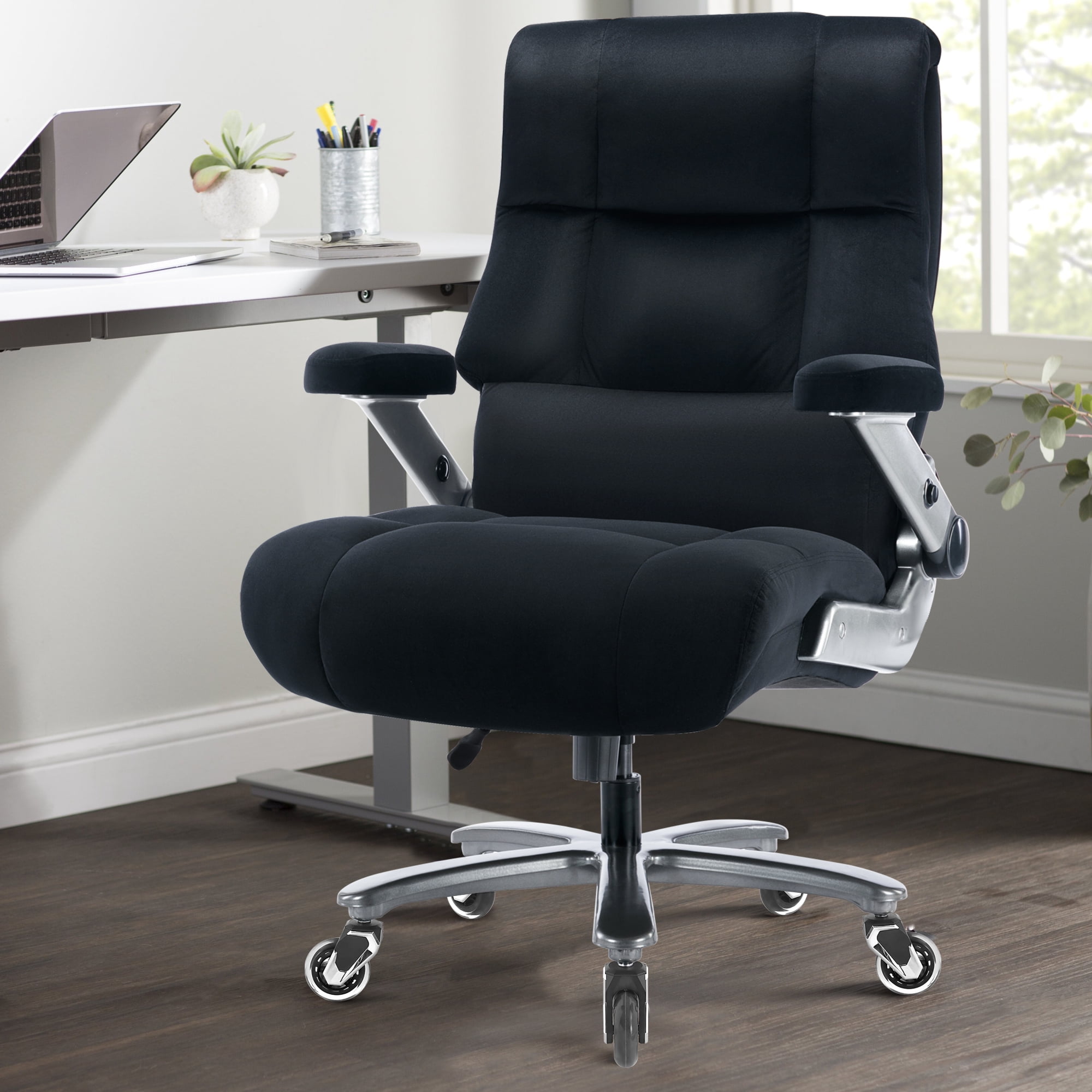 Big and Tall 700lbs Office Chair, Ultra-Soft Fabric Executive Desk Chair, Ergonomic Computer Chair with 3D Flip Up Arms, Adjustable Lumbar Support, Heavy Duty Metal Base and Quiet Rubber Wheel, Black