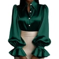 thumbnail image 3 of Women's Solid Color Satin Shirt, Puff Sleeve Turn-Down Collar Button Down Blouse, Elegant Office Work Blouse and Casual Date Night Top for Women Green M, 3 of 5