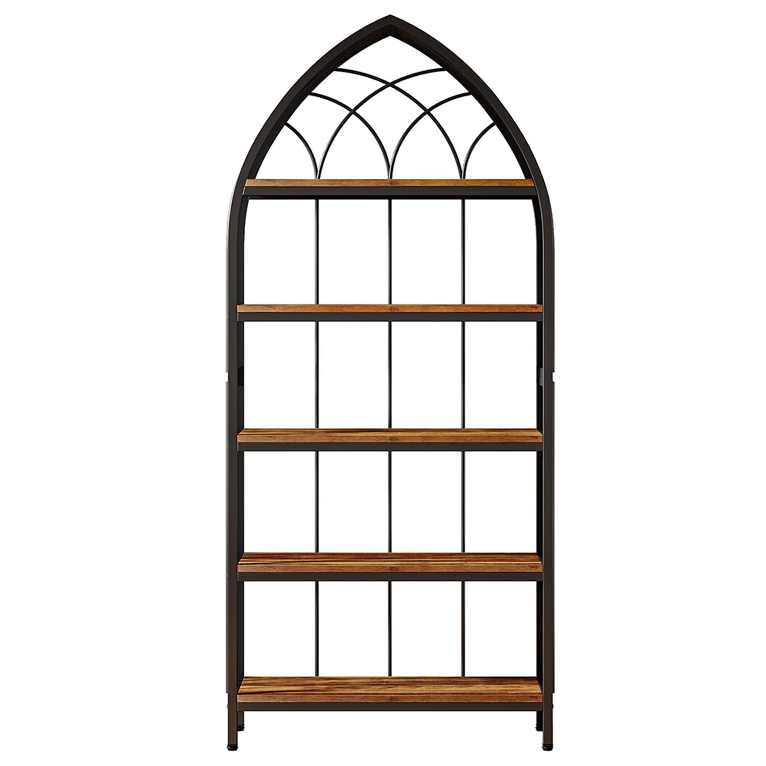 Demi Bonn 5 Tier Curved Bookshelf, Wood and Metal Bookcase Storage Organizer, Freestanding Display Standing Shelf Unit for Bedroom, Living Room, Black