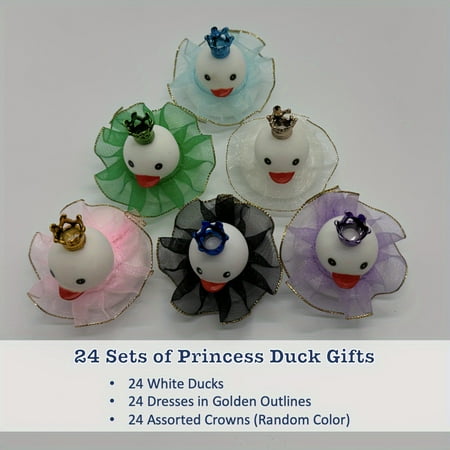24 Sets Princess Ducks, Rubber Duck (Random Color Of Dress And Crown), Dress With Golden Edge