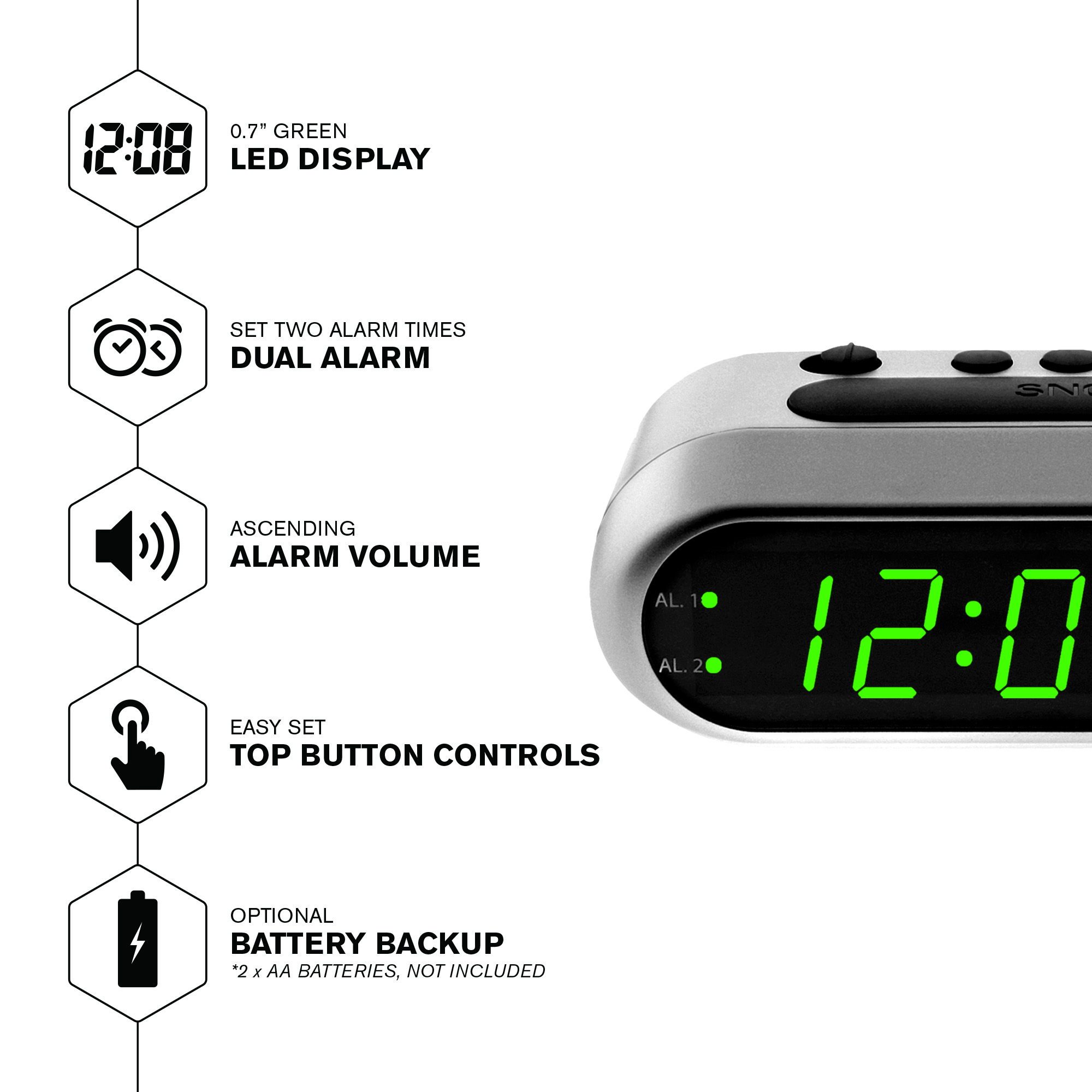 SHARP Digital Dual Alarm Clock, Silver with Green LED Display, Ascending Alarm - image 2 of 6