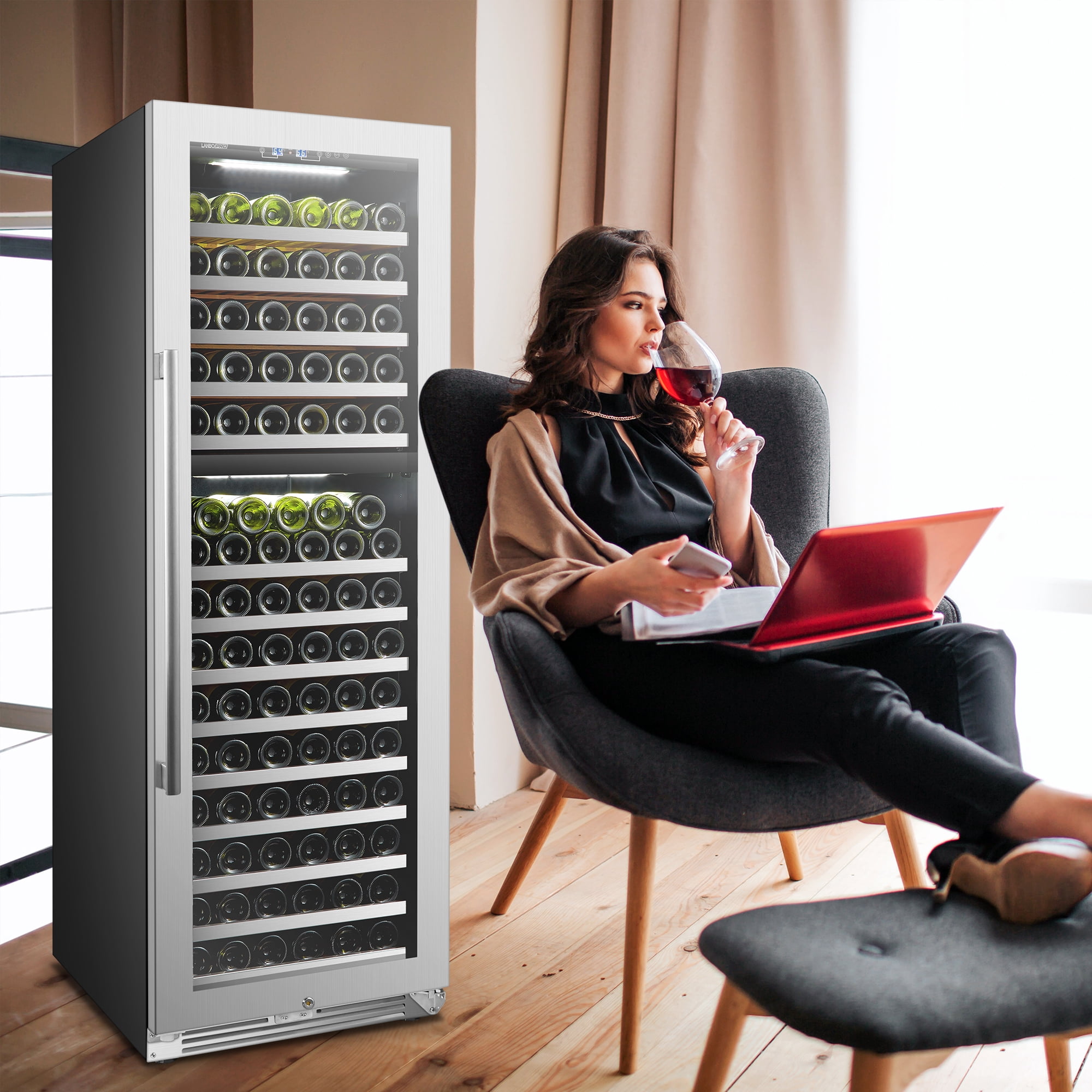 Lanbopro 153 Bottles Dual Zone Seamless Stainless Steel Wine Cooler