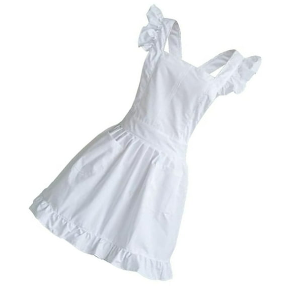 Jesscasday Ruffled Maid Apron Cotton Apron with Pocket Women Kitchen Apron Pinafore Dress