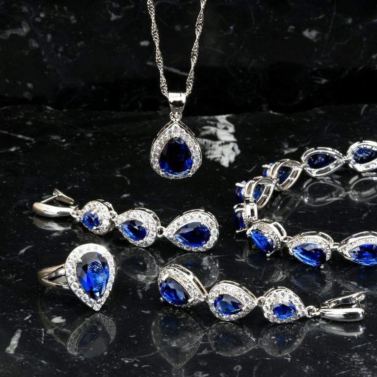Womens 4 Pc Water Drop Jewelry Set 925 Sterling Silver Sapphire CZ Ring 6