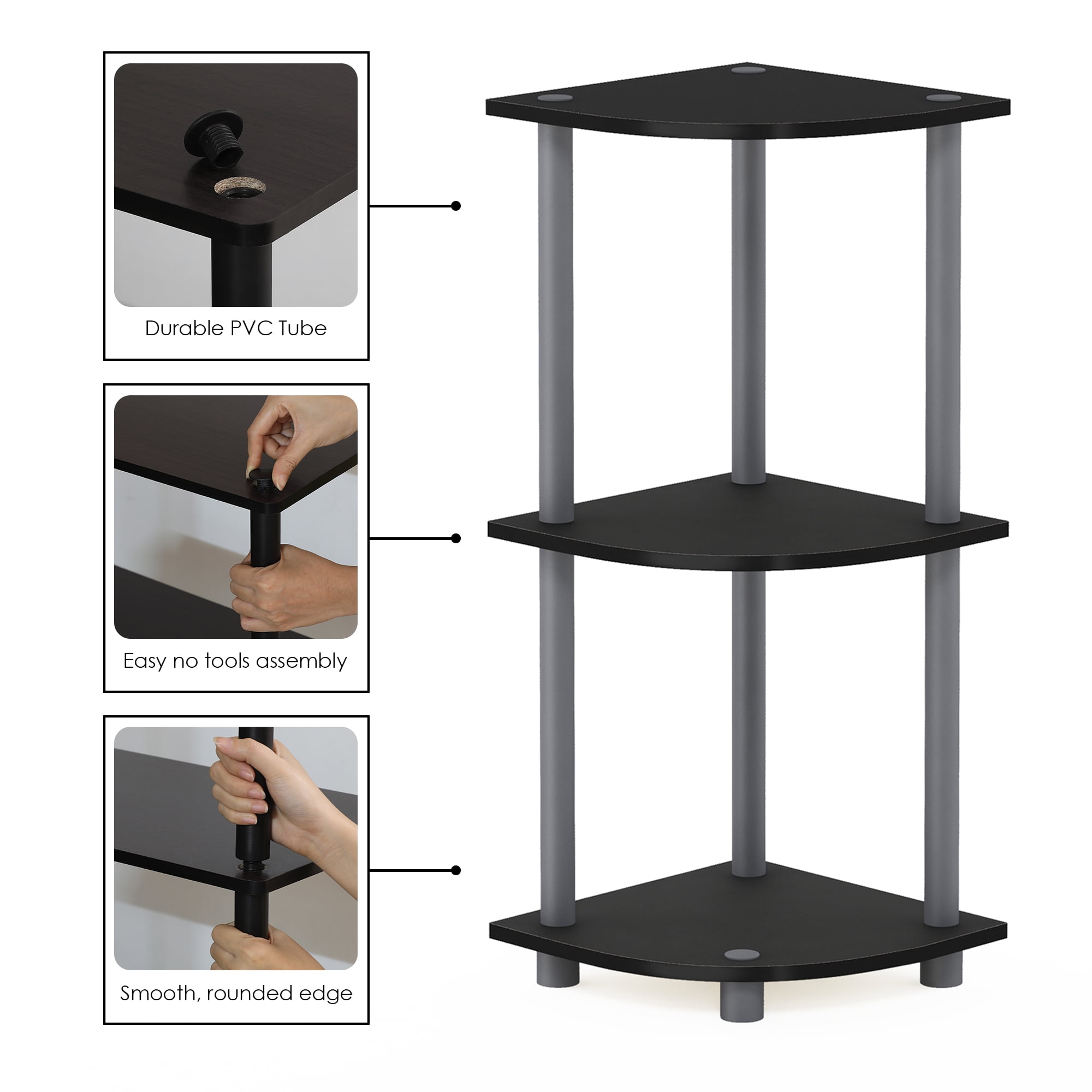 Furinno Durable 11.6"W x 11.6"D x 29.6"H 3-Shelf Freestanding Shelving Unit, Black and Gray
