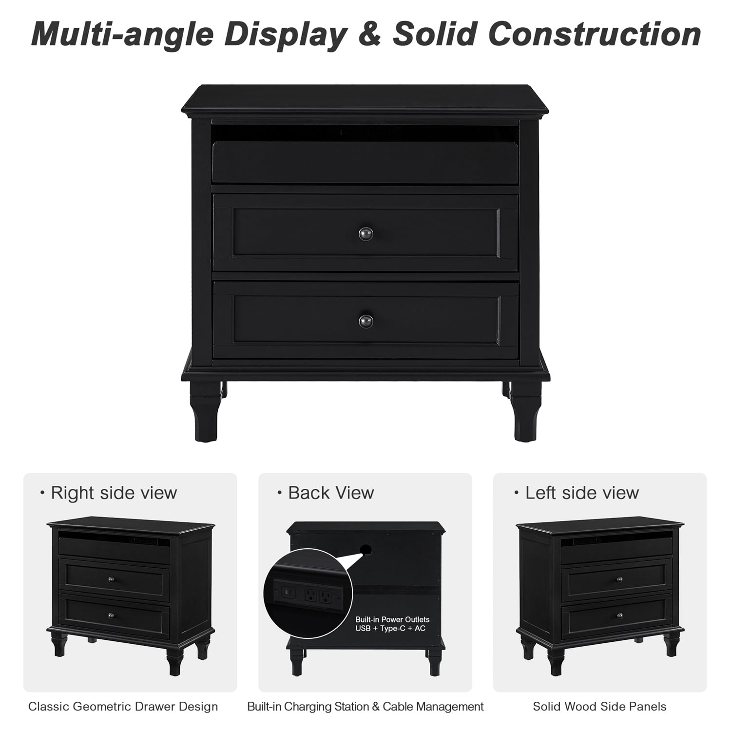 Hommoo 28" Farmhouse Wood Nightstand with Built-in Charging Station, 3 Drawers, 2 AC Outlets, USB & Type-C Ports, Solid Wood Legs, Bedside Table for Bedroom, Living Room or Office, Black