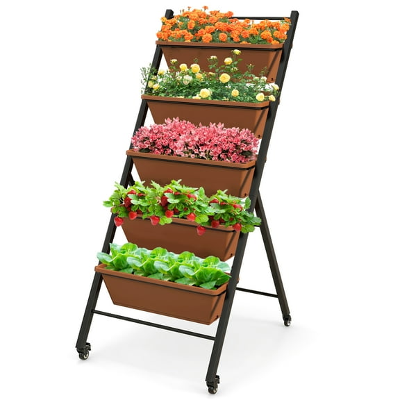 Patiojoy 5-Layer Vertical Raised Garden Bed with Wheels Drainage Holes Freestanding Planter with Container Boxes Brown