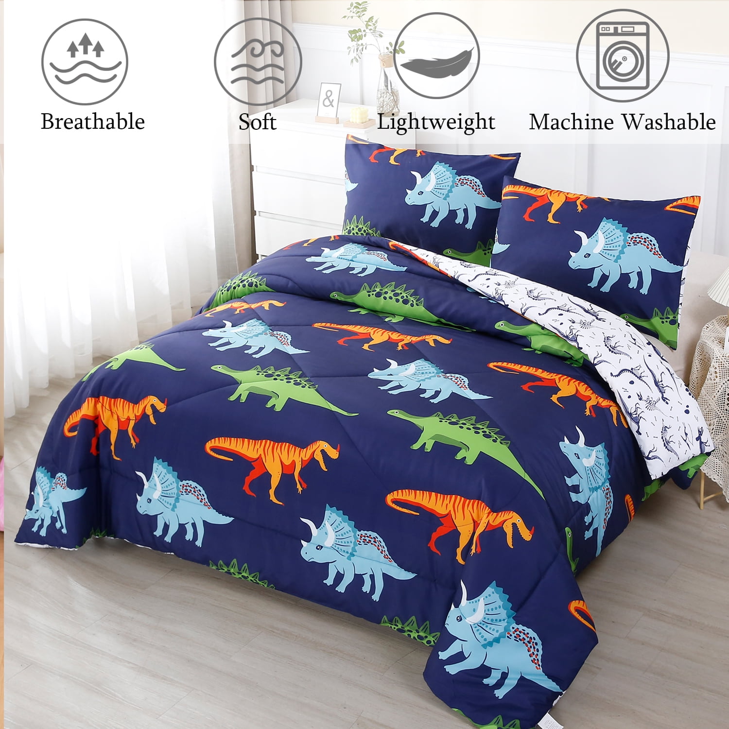 URBONUR 3 Pcs Dinosaur Twin Size Bedding Sets for Boys, Dinosaur Printing Boys Comforter Set, Blue and White Reversible Bed Comforter Set for Kids/Toddlers/Teens