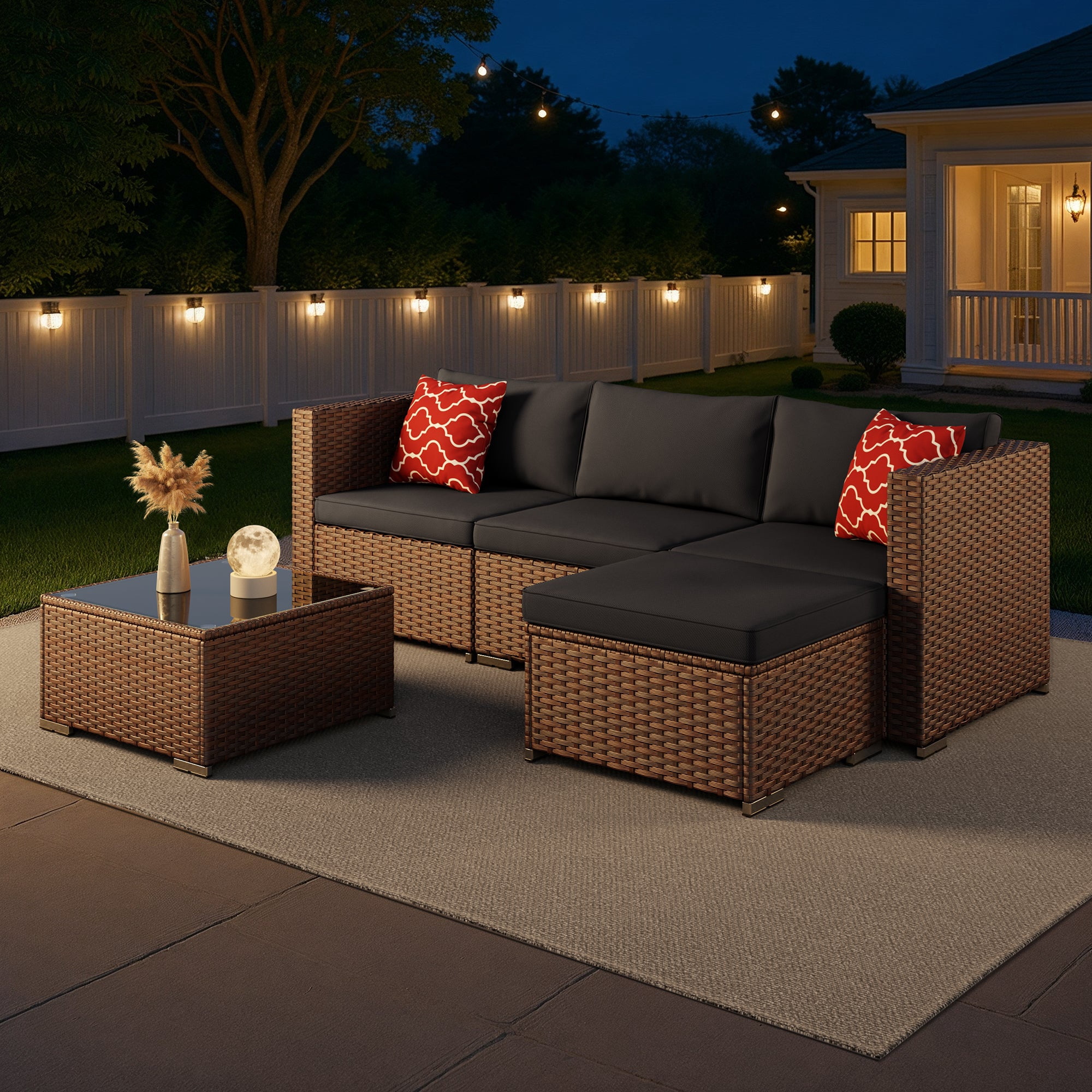 5 PCS Wicker Patio Furniture Set, PE Rattan Outdoor Sectional Sofa with Beige Cushions and Glass Coffee Table, for Backyard, Porch, Poolside & Garden - Brown Rattan, Black Cushion