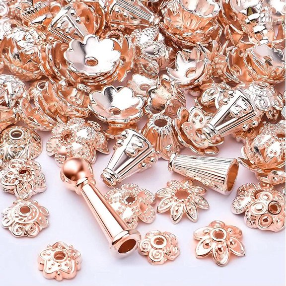 U8MO 20 Flower Bead Caps Tose Gold Tone Spacers Findings Floral Mixed Set