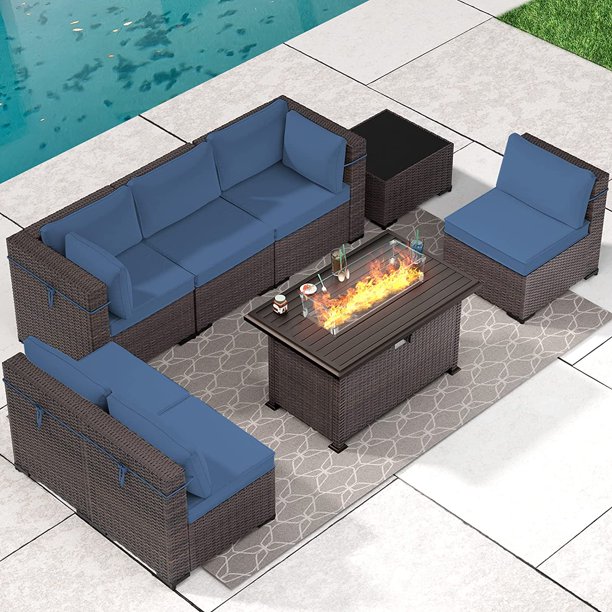 Gotland 8 Piece Outdoor Patio Furniture Set with 43" Gas Fire Pit Table
