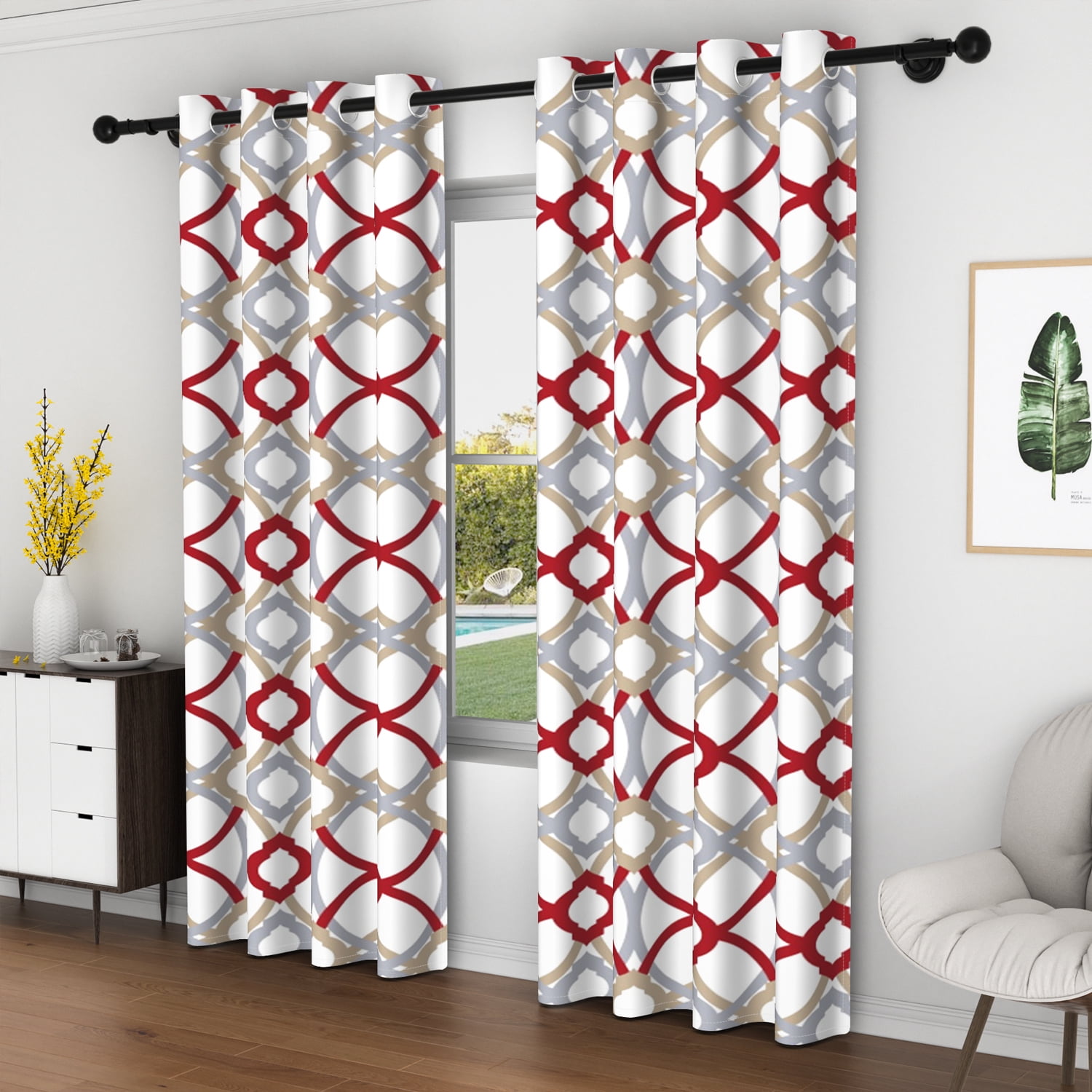 Lfeey Blackout Curtains Geometric Modern Grommet Curtains, Room Darkening Privacy Drapes, Red and Gray, 52x63 Inches, 2 Panels