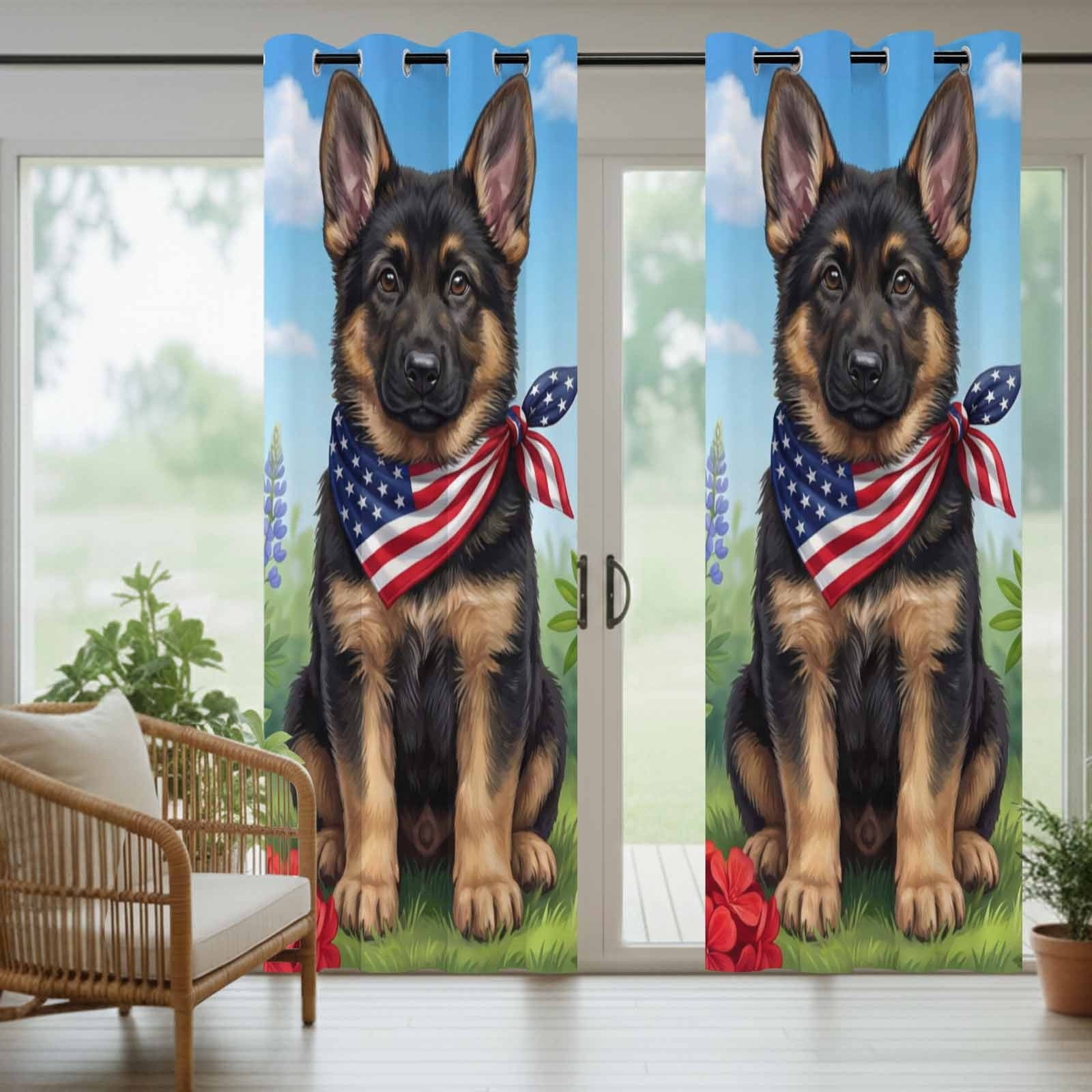 Independence Day Outdoor Curtains for Patio, American Flag Cute Dog Puppy Colorful Flowers Sunshade Privacy Drapes Grommet Waterproof Outside Curtains for Porch/Cabana/Balcony 54"x 108", 1 Panel