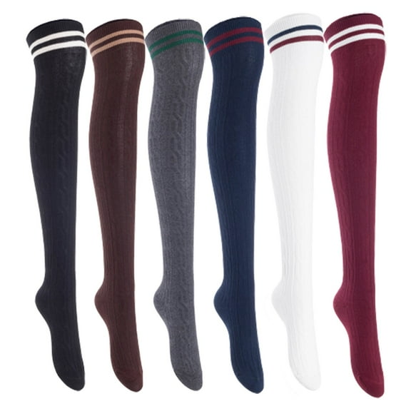 Lian Lifestyle Women's 6 Pairs Incredible Durable Super Soft Unique Over Knee High Thigh High Cotton Socks, Size US 6-9, JMYP1023 Black, Coffee, Dark Gray, Navy, White, Wine