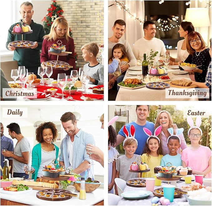 Two-layer wooden deviled egg tray with 21 holes, reversible serving tray rack, Thanksgiving and Christmas platter board