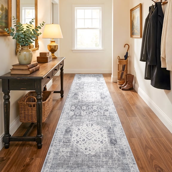 Hallway Washable Runner Rug 2'6x10 - Kitchen Runner Rugs Indoor Non Slip Rugs for Living Room Bedroom Vintage Distressed Mat Stain Resistant Floor Decoration Carpet for Bathroom (2'6''x10', Grey)