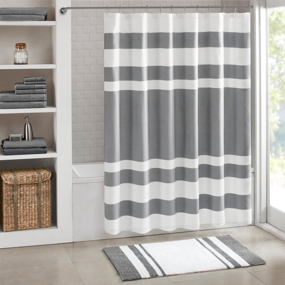 Madison Park Shower Curtain, Waffle Weave, Pieced Design Fabric Shower Curtain with 3M Scotchgard Moisture Management, Premium Spa Quality Modern Shower Curtains for Bathroom, Tall 72"x84" T