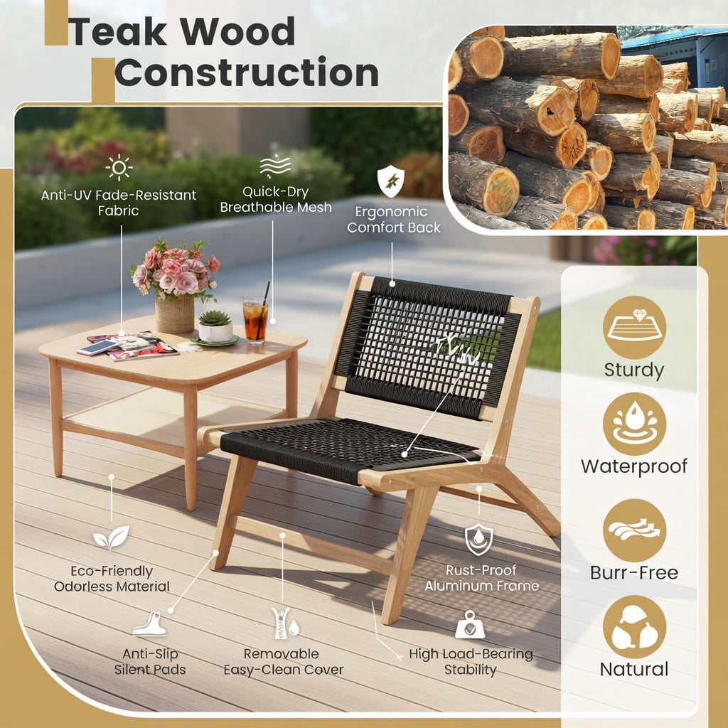 Hommoo Indoor Outdoor Teak Wood Dining Chair with Handwoven Cord Seat & Ergonomic Backrest, Natural + Black