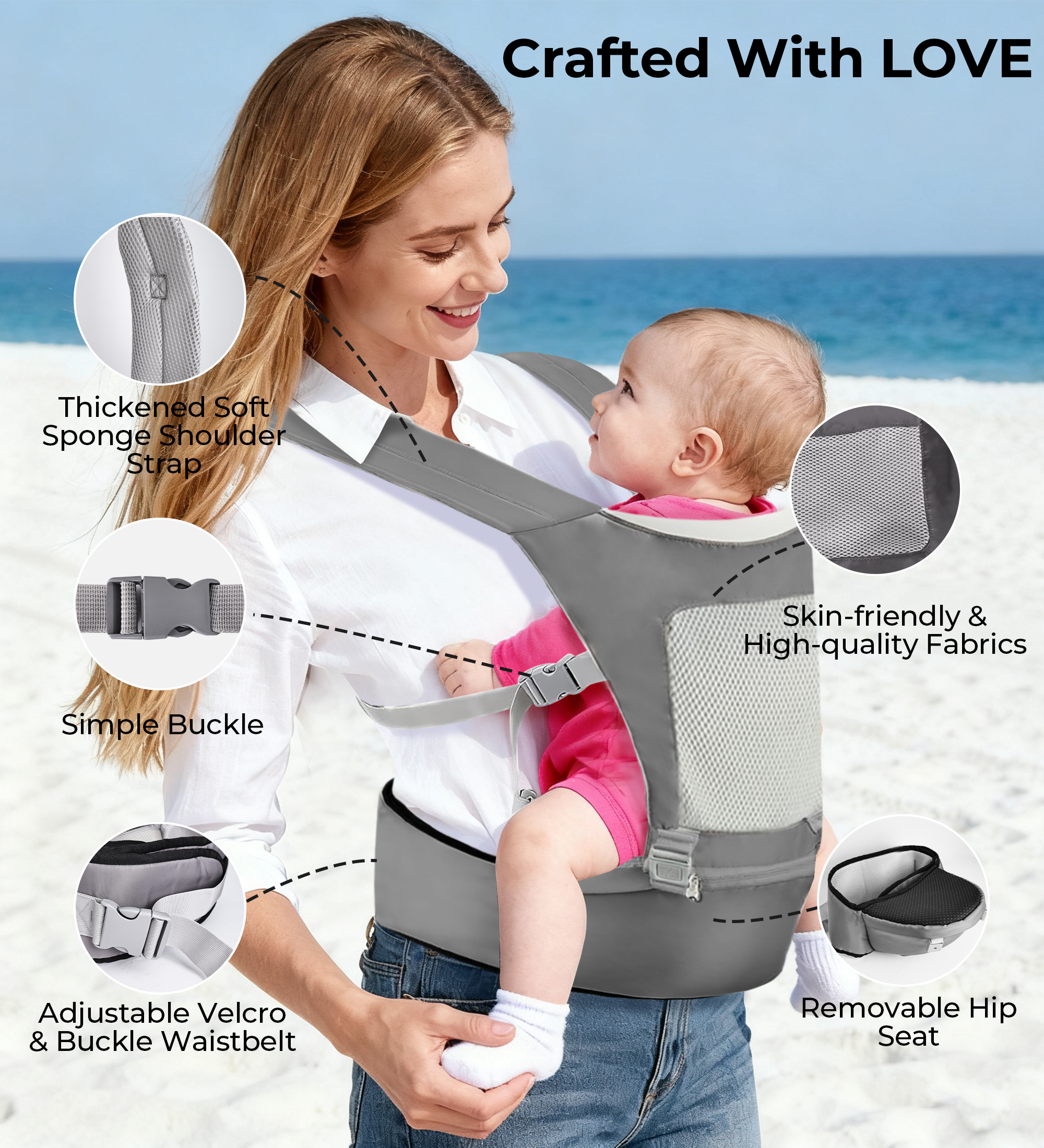 Rupoun Baby Carrier with Hip Seat, 4-Position, Breathable Mesh photo 6