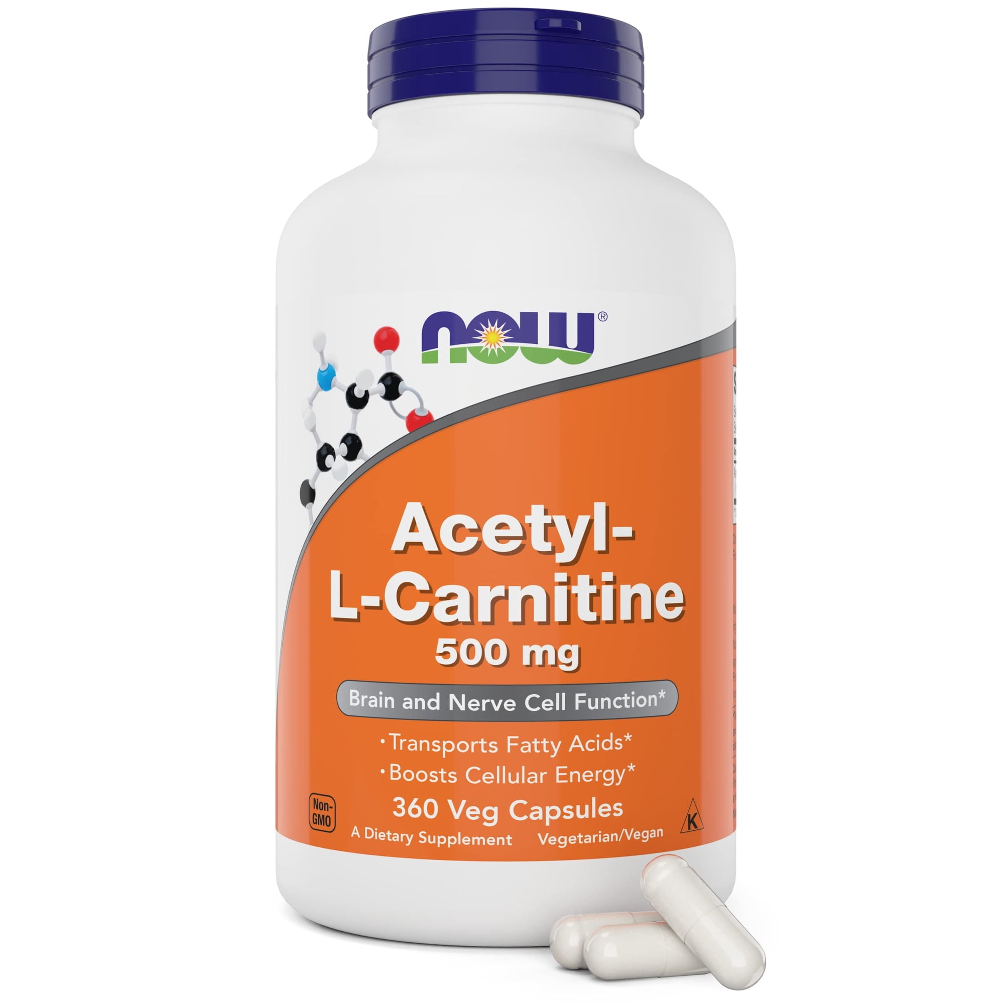 Now Acetyl L Carnitine 500mg, 360 Veg Capsules - Non-GMO - Now Foods ACL 500 mg Caps