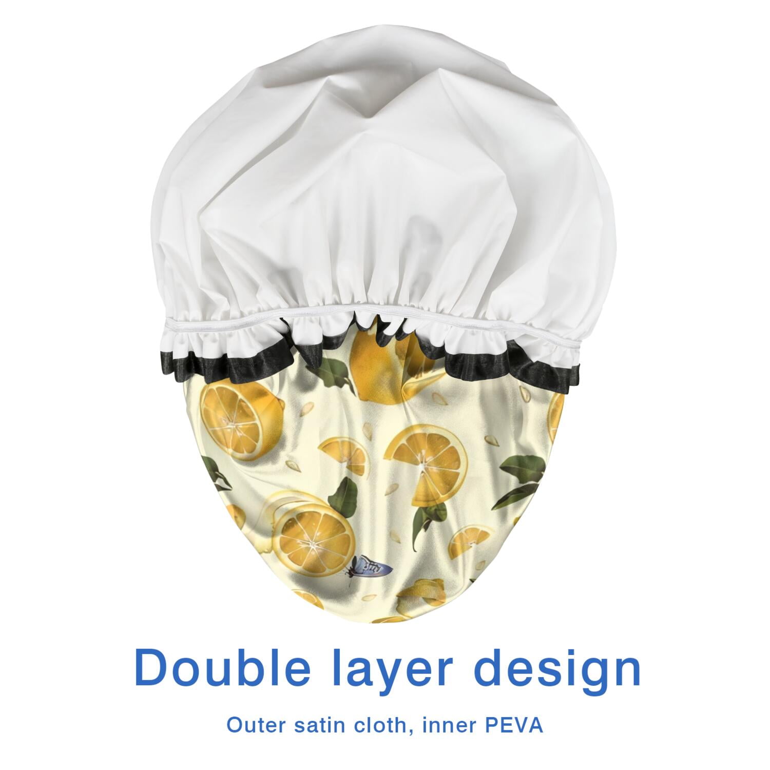 Shower Caps,Yellow Lemon Fruit Slices White Pattern Waterproof Shower Cap for Women 4 Pieces,Double Reusable Hair Cover for Shower PEVA Elastic Stretch Hem