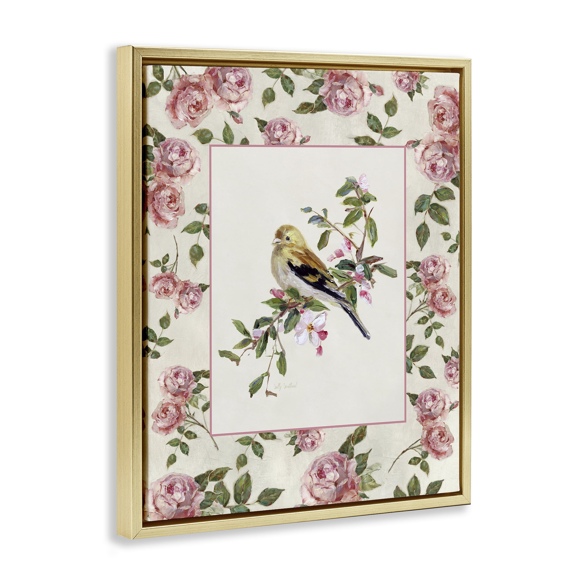 Stupell Industries Perched Bird with Dainty Roses Gold Framed Floater Canvas Wall Art, design by Sally Swatland