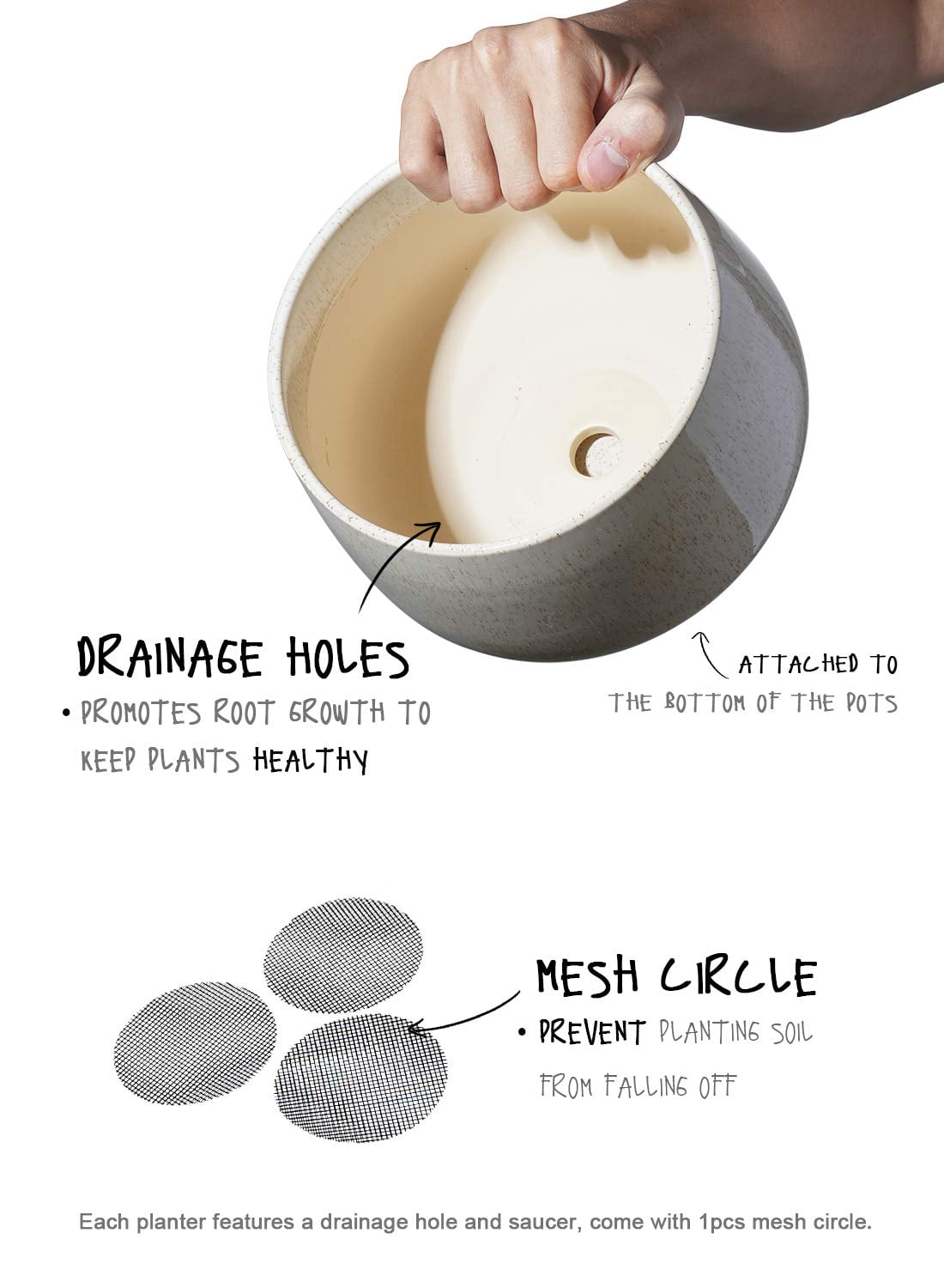 BEMAY Set of 3 Ceramic Plant Pots with Drainage Hole and Saucer, 4.1" 5.1" 6.5" Flower Pots, Indoor Outdoor Planters for Home Patio Garden Decor, Reactive Glaze Beige (Plants Not Included)