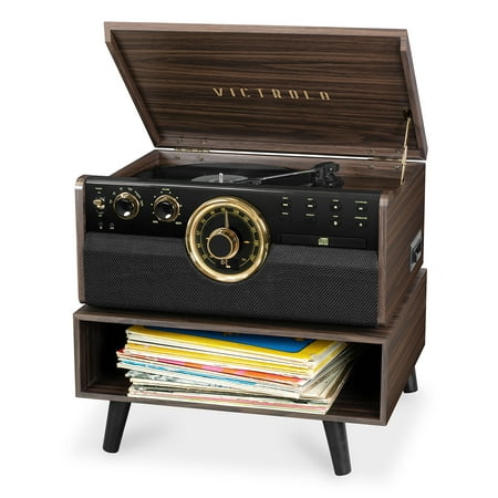Victrola 6-in-1 Wood Bluetooth Mid Century Record Player with 3-Speed Turntable, CD, Cassette Player and Radio with Storage (Best Mid Range Turntable)