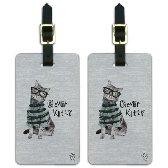 Clever Smart Kitty Cat Kitten Glasses Sweater Luggage ID Tags Suitcase Carry-On Cards - Set of 2