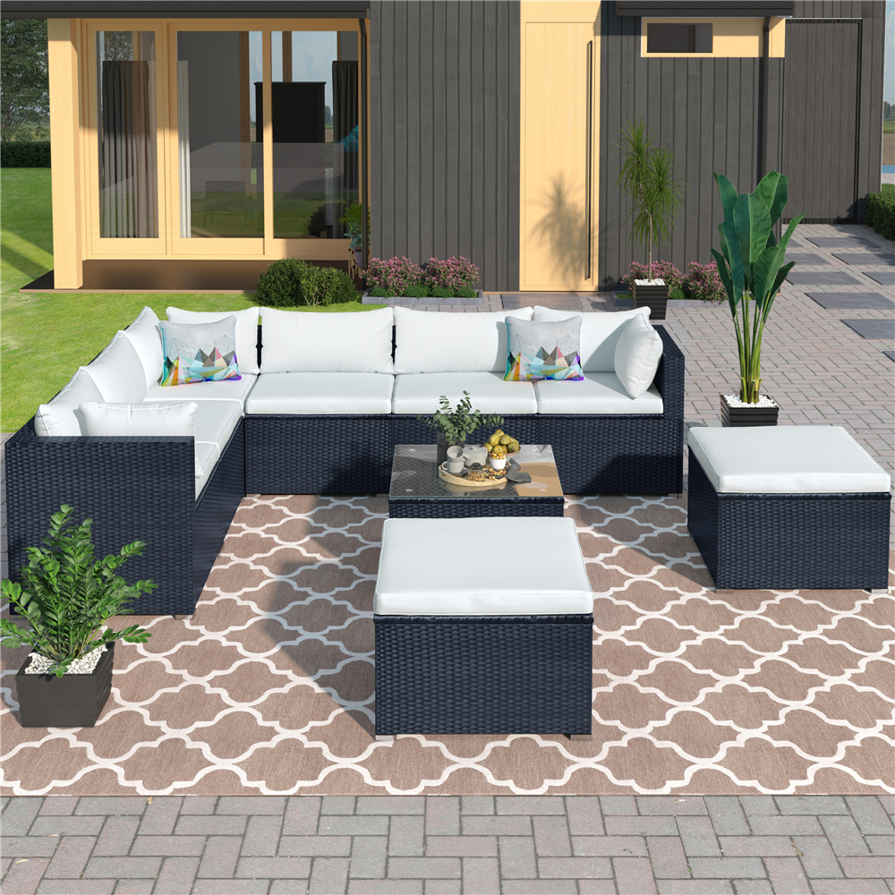 9 Piece Patio Dining Set, All-Weather Patio Conversation Set with 5 Rattan Wicker Chairs, Glass Table, Ottoman, Outdoor Wicker Sectional Sofa Sets with Cushions for Backyard Lawn Bistro Pool Garden - image 3 of 9