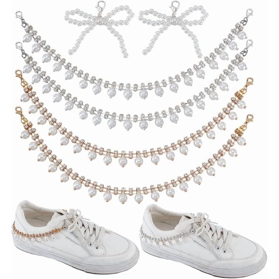 6Pcs Pearl Shoelace Charms 3 Styles Shoe Decoration Chain Metal Strap Chains and Shoe Buckle Clips for DIY handcrafting