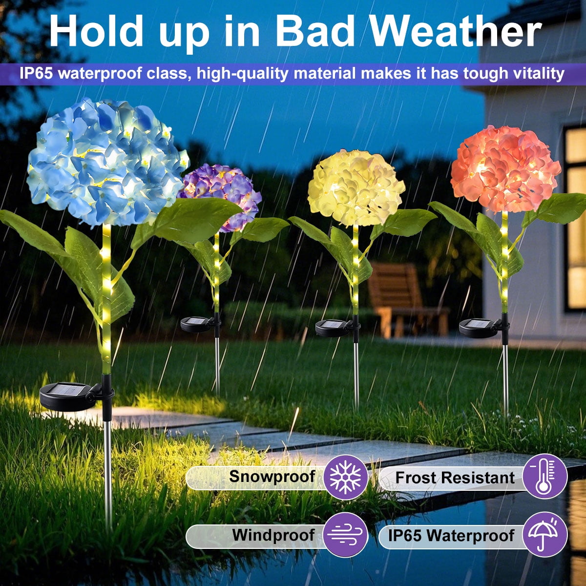 Rirool 4 Pack Solar Garden Lights Outdoor, Dual Mode Solar Hydrangea Flower Lights with 600mAh Battery, IP65 Waterproof, Warm White LED for Yard Pathway Lawn Patio Decoration