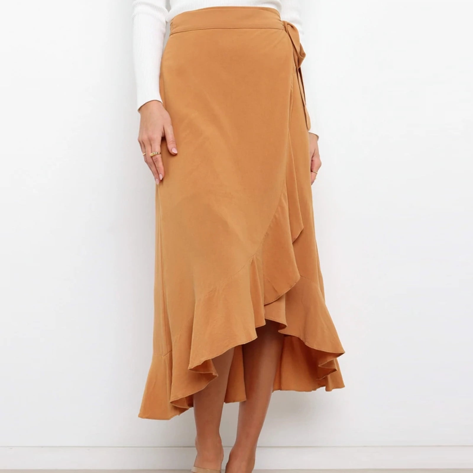Blvb Women s Casual One Piece Long Skirt Boho High Waisted Solid Lace Up Irregular Ruffle Hem Summer Flowy Midi Skirt Other
