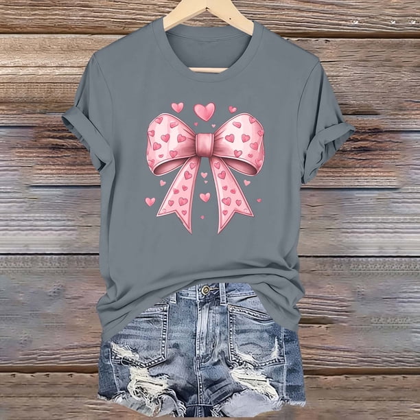 Xuyuer Valentine's Day Shirts for Women:Cute Love Heart Tshirts Graphic Tees Valentine Casual Short Sleeve Top bow tie fashion casual printed round-neck short-sleeved T-shirt top