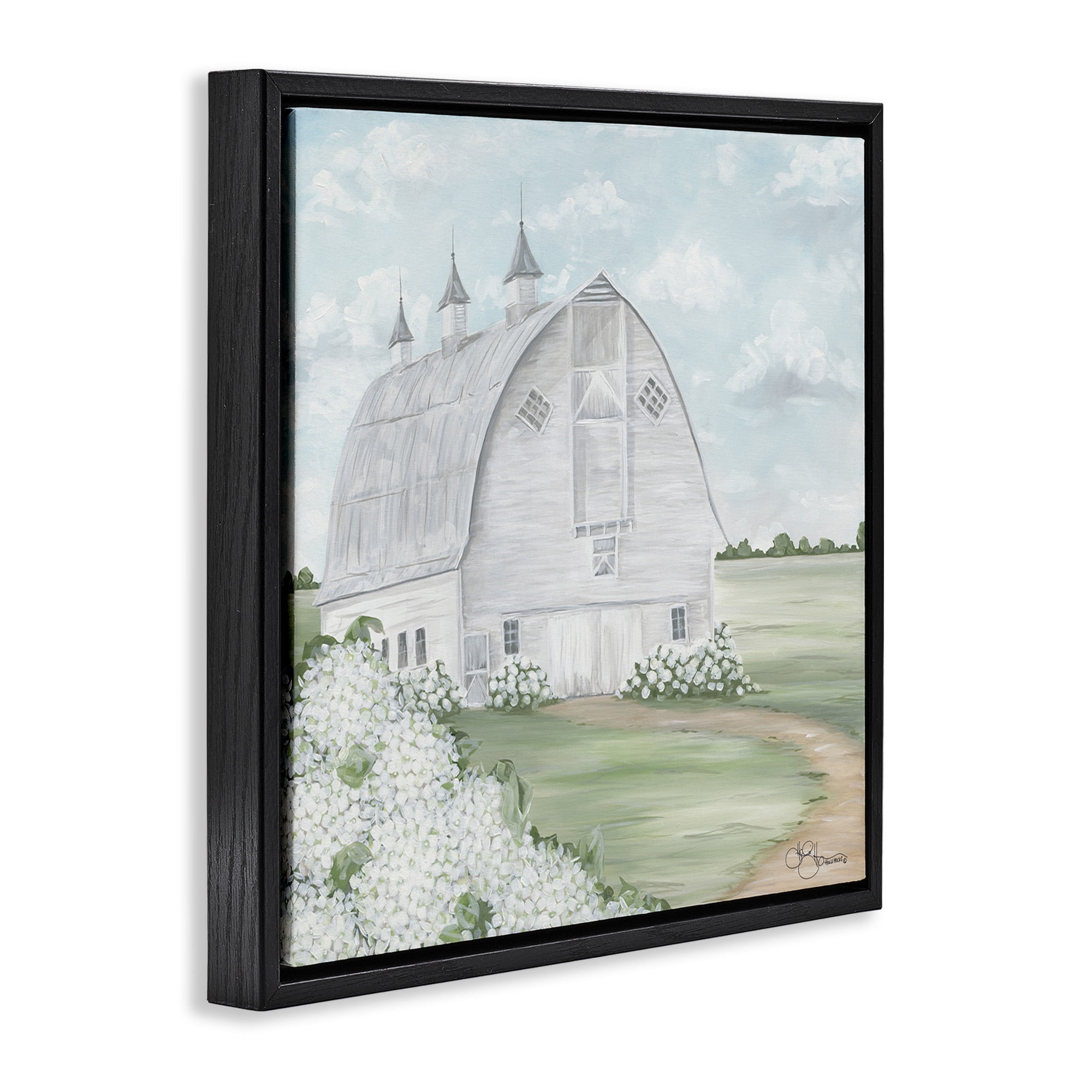 Stupell Industries Soft Country Landscape with Hydrangeas Landscape Painting Black Floater Framed Canvas Art Print Wall Art, 18 x 18