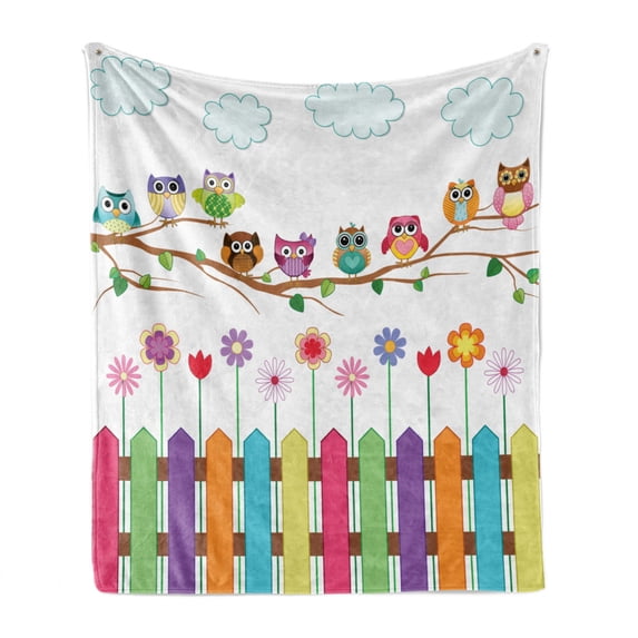 Owls Soft Flannel Fleece Throw Blanket, Owls on a Branch Sunny Day in Countryside Farmhouse Fences Wildflowers Holidays Art, Cozy Plush for Indoor and Outdoor Use, 50" x 60", Multicolor, by Ambesonne
