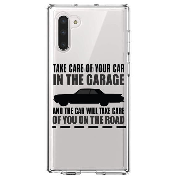 DistinctInk Clear Shockproof Hybrid Case for Samsung Galaxy Note 10 (6.3" Screen) - TPU Bumper Acrylic Back Tempered Glass Screen Protector - Take Care of the Car, Car Take Care of the Road