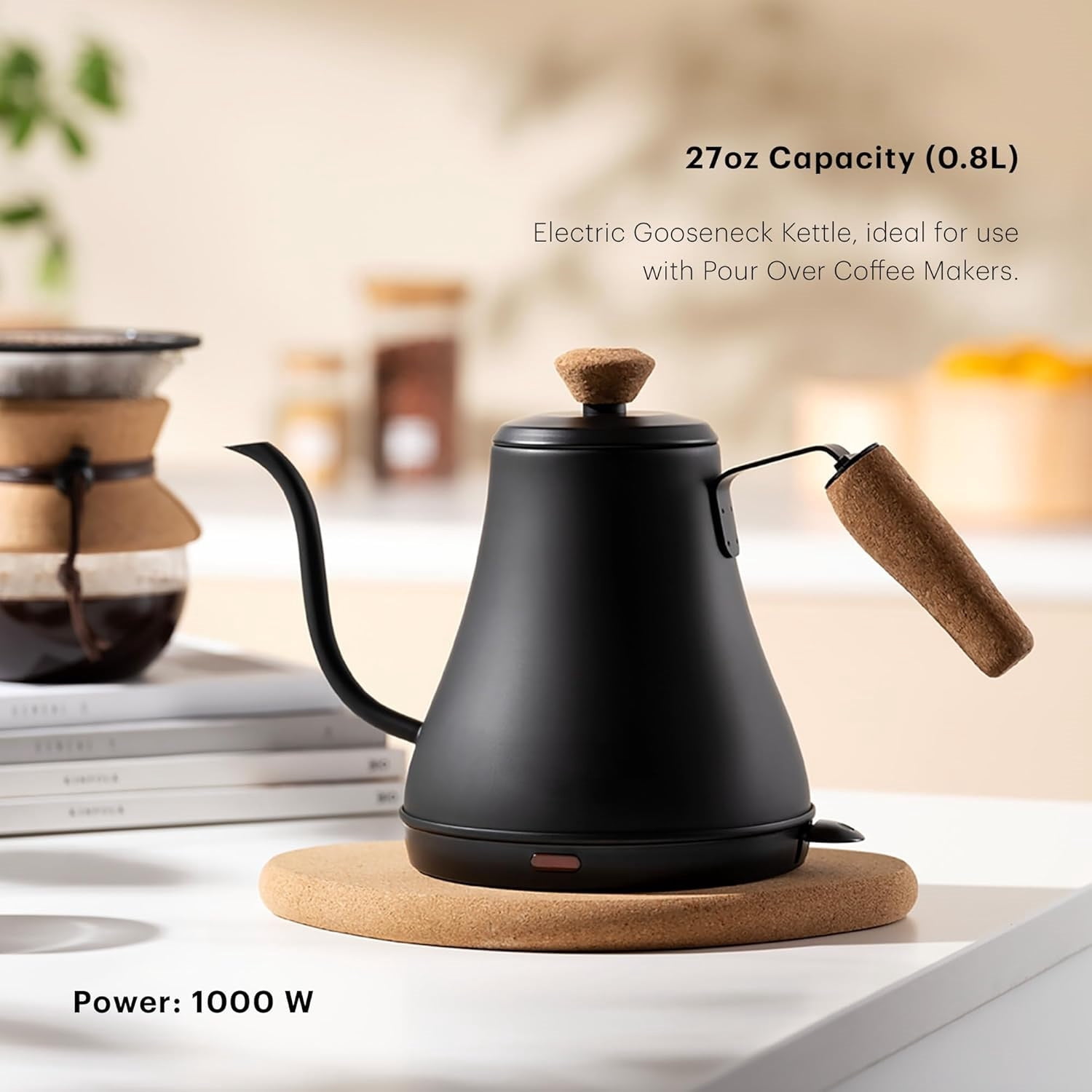27oz Bistro Gooseneck Electric Water Kettle, Pour Over Coffee & Tea, Stainless Steel, Matte Black
