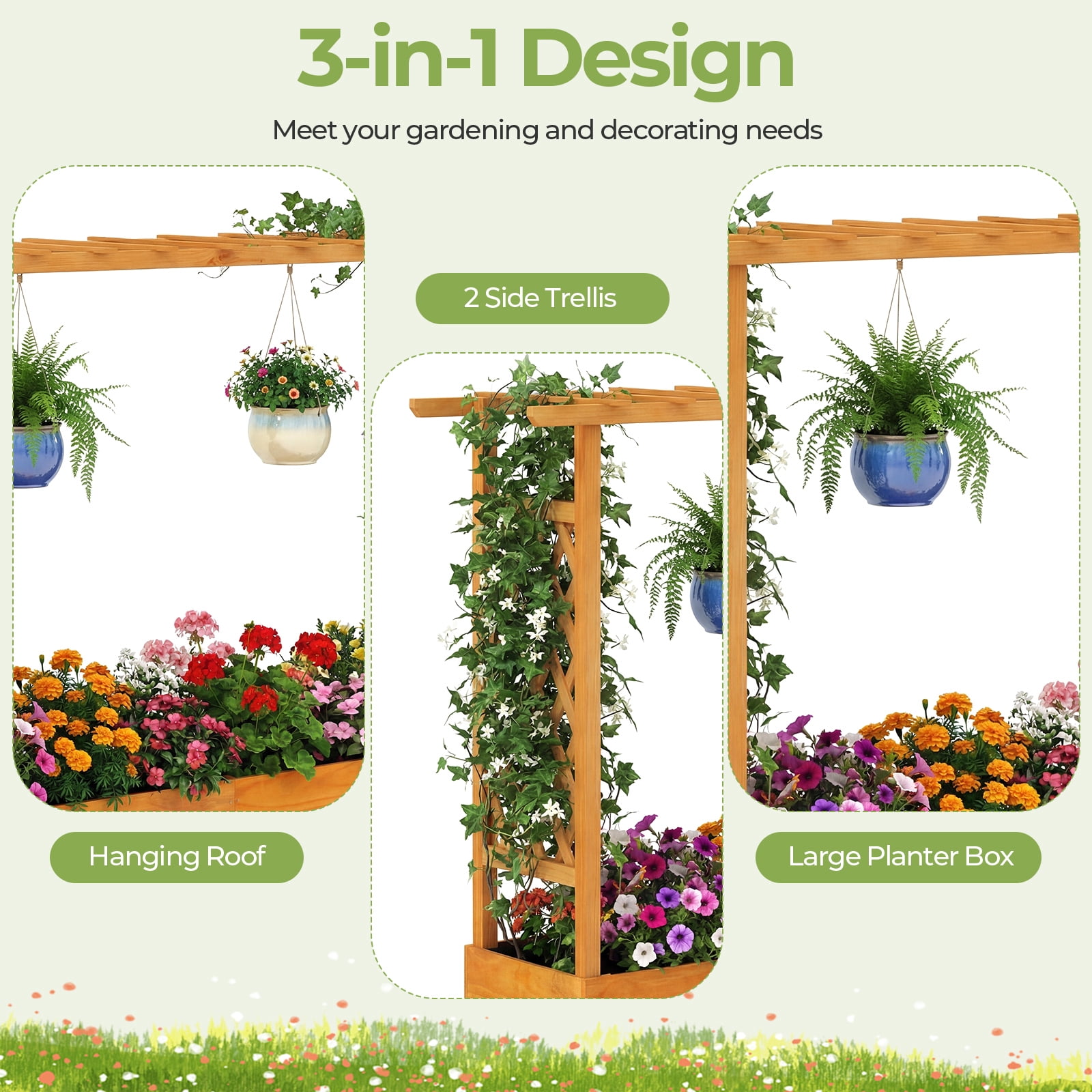 Costway 1 PCS Raised Garden Bed with Trellis Hanging Roof Planter Box Drainage Holes for Patio