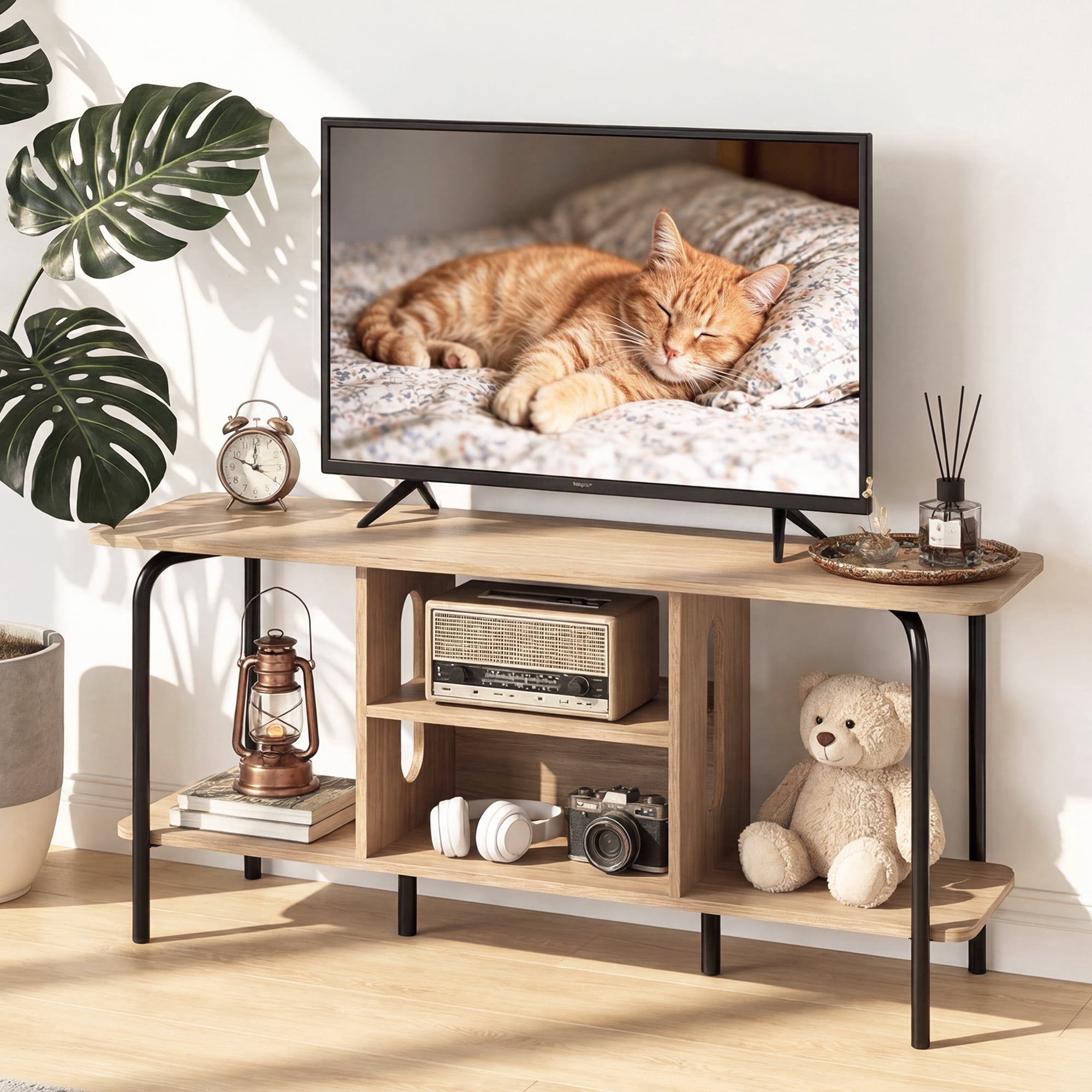 Manxile Mid Century Wooden TV Stand for TVs to 60'' with Open Storage Shelves and Metal Frame, Natural