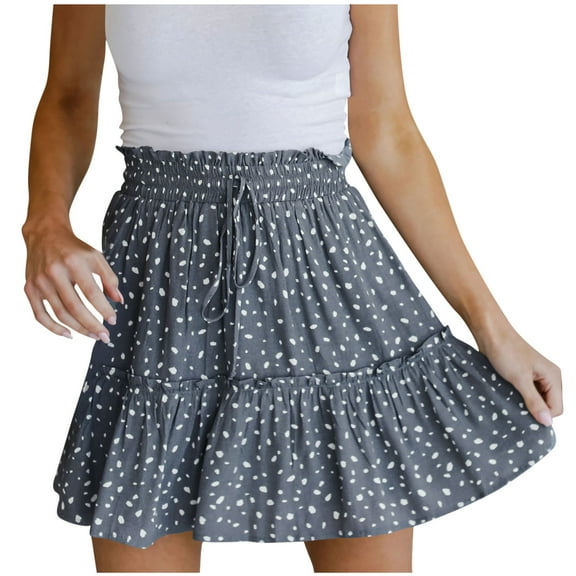 Fesfesfes Skirts for Women Casual Print Bandage Ruffles A-Line Pleated Lace Up Mini Short SKirt